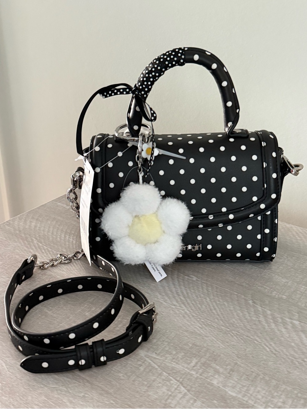 NWT Madden Girl Black Polka Dot Top Handle Crossbody Bag Daisy Charm